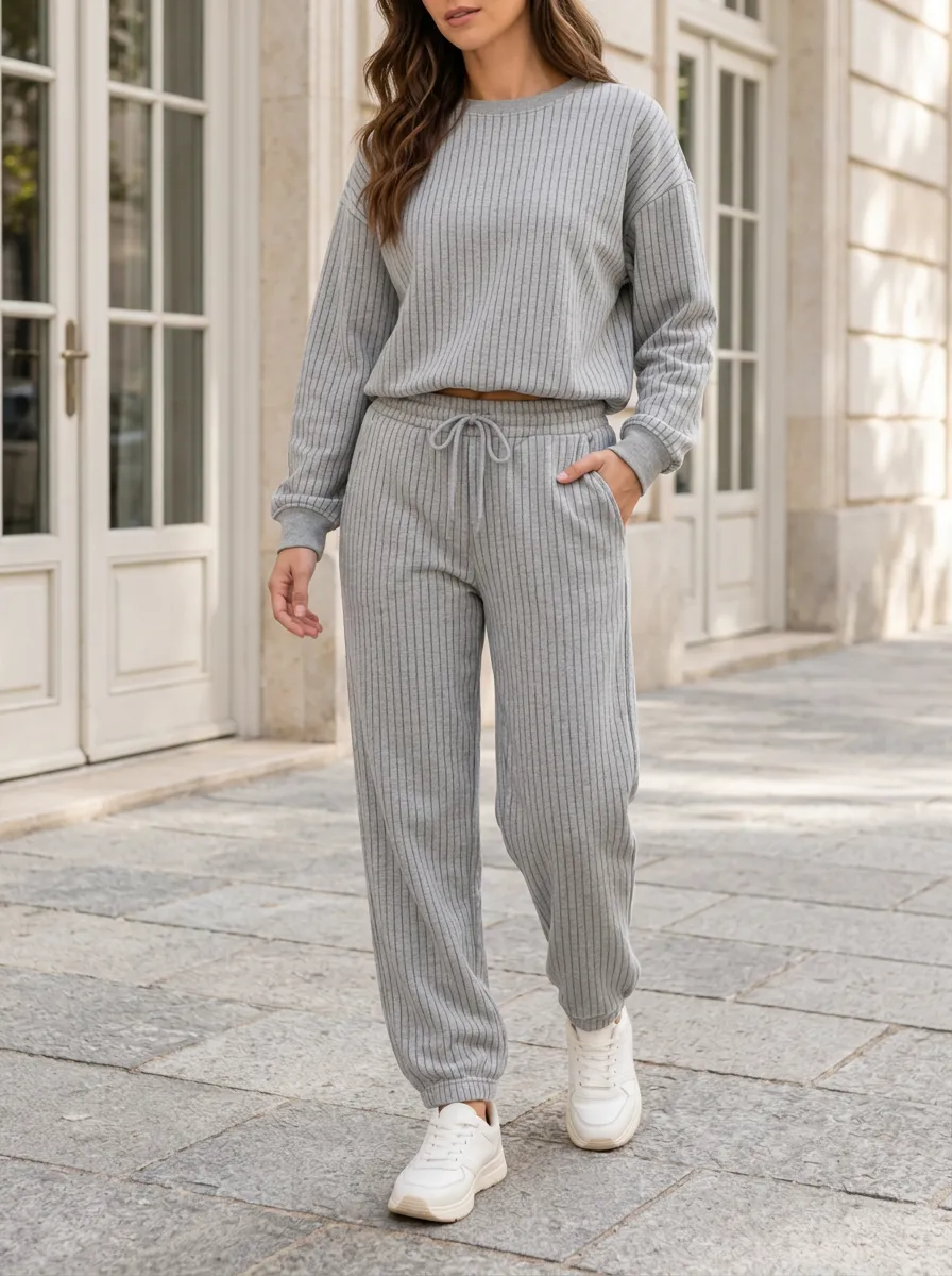 Women's Grey Ribbed Knit Two-Piece Set