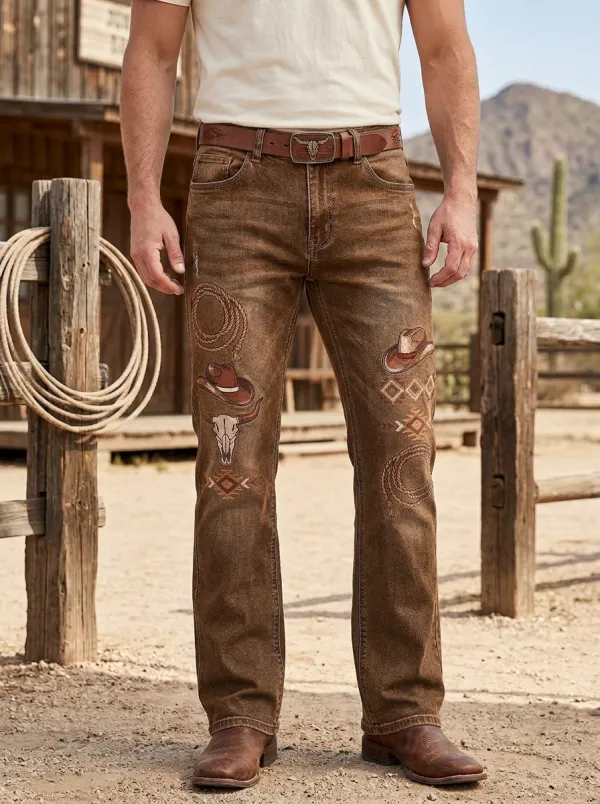 Men's Classic Western Cowboy Lasso Skull Jeans