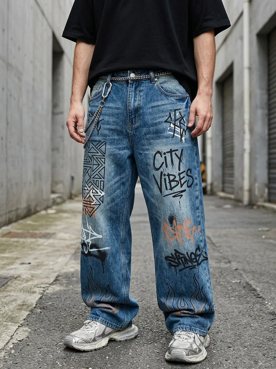 Unisex Urban Streetwear Graffiti Flame Jeans