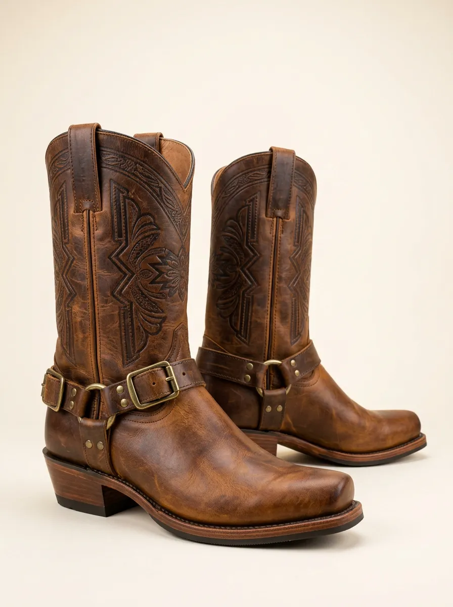 Men's Western Cowboy Embossed Leather Buckle Printed Boots
