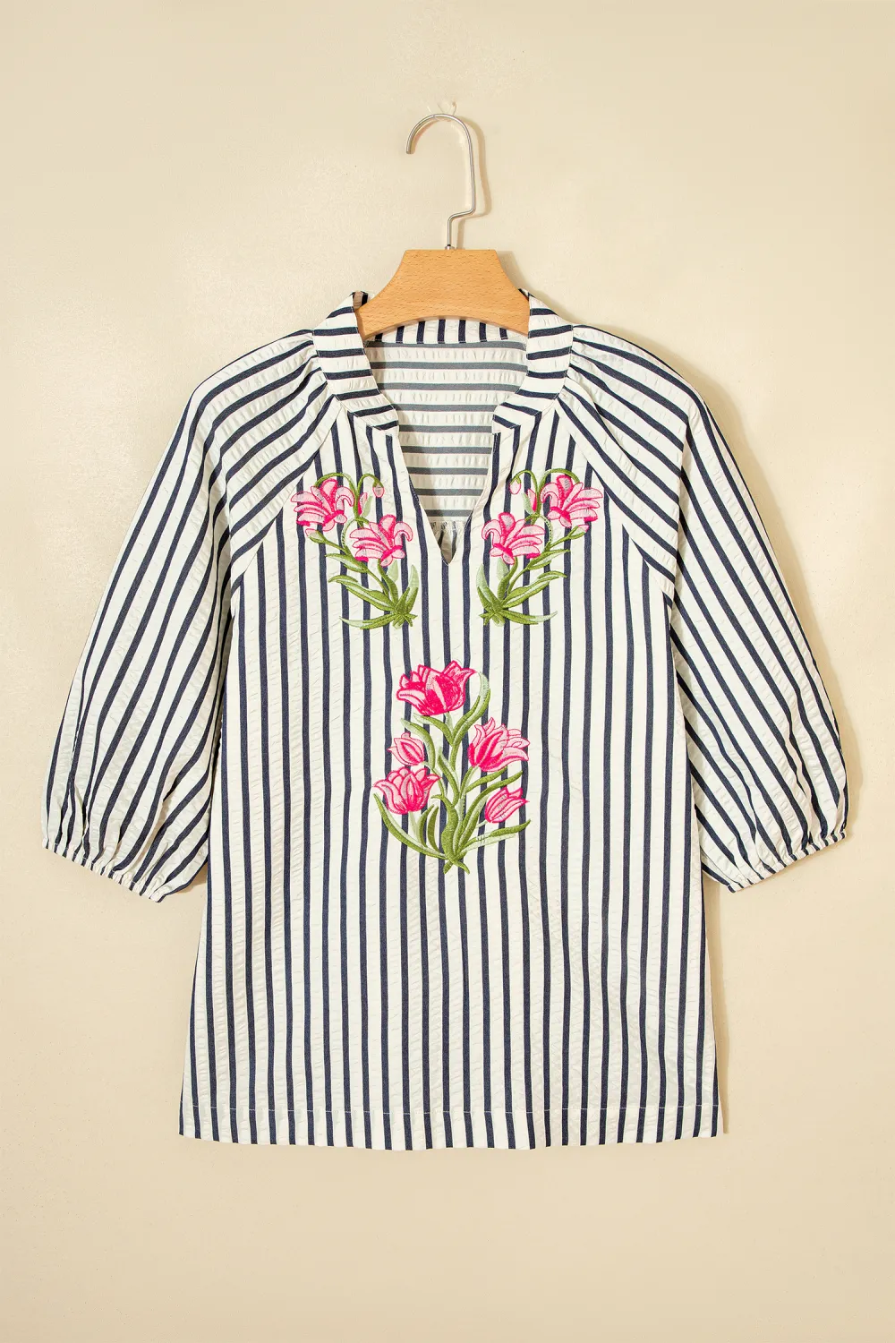 Blue Stripe Floral Embroidered Detail Blouse