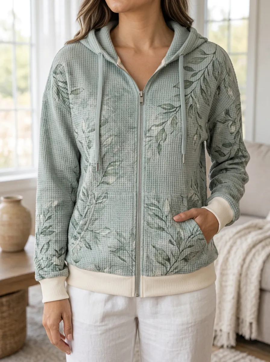 Women's Sage Green Botanical Leaf Printed Waffle Zip Hoodie