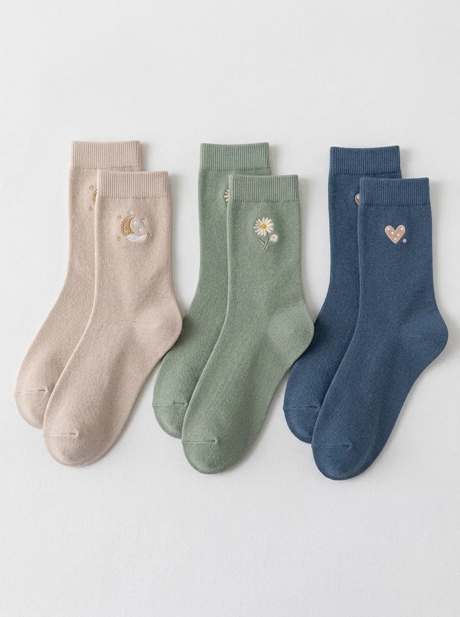 Women's Three-Pair Moon Flower & Heart Embroidered Crew Sock Set