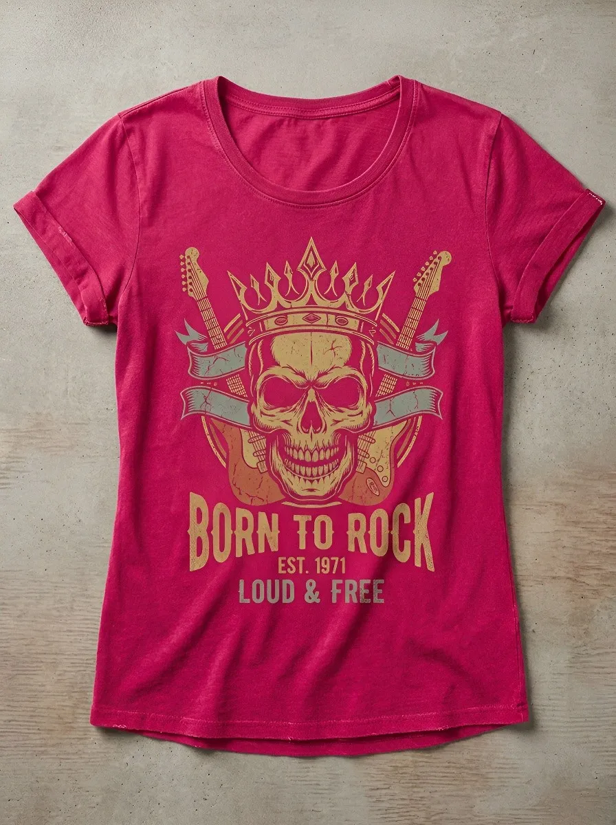 Women's Rock Music Lover Skull Crown Guitar Printed T-shirt