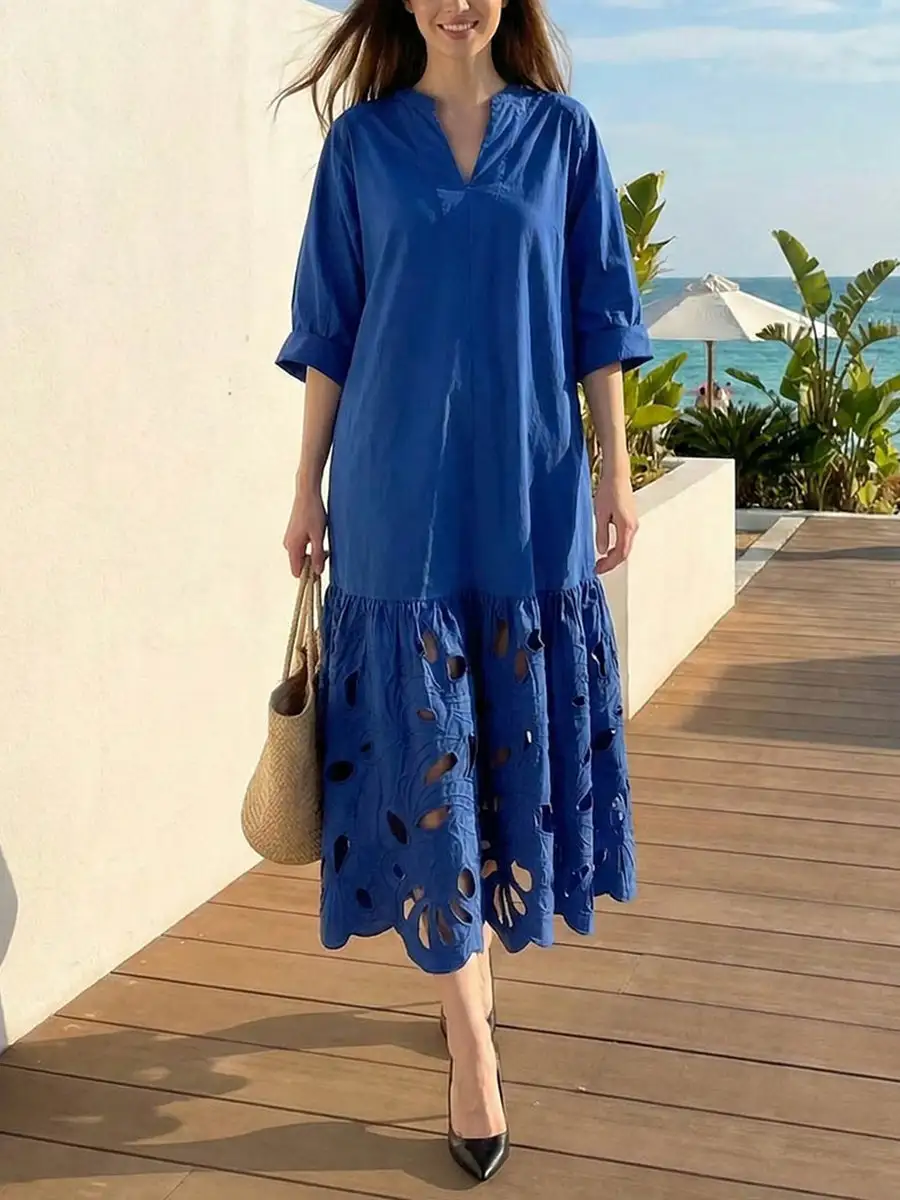 Sleeves Pleated Long Neck Maxi Dress