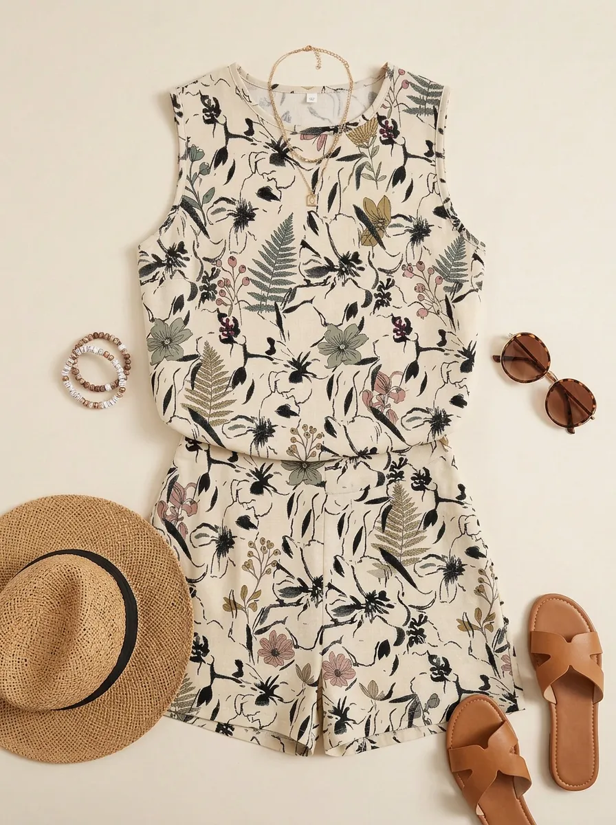 Women's Botanical Floral Fern Printed Sleeveless Short Set