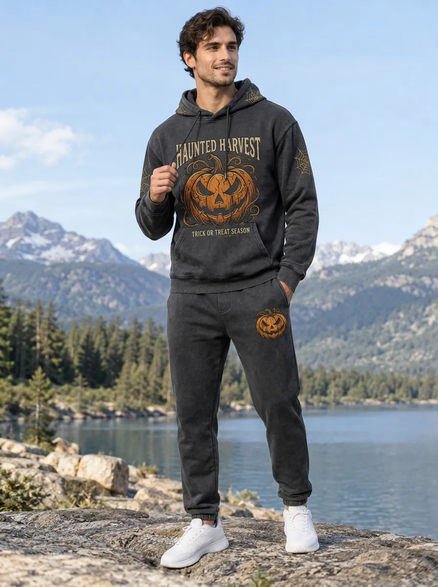 Men's Halloween Washed Charcoal Haunted Harvest Pumpkin Spiderweb-Sleeve Hoodie Jogger Set