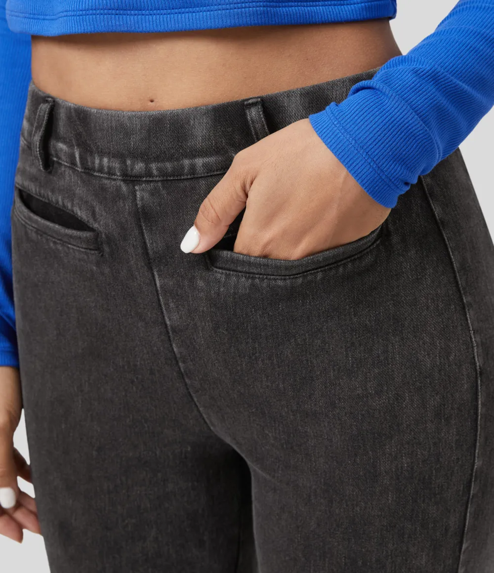 Magic High Waisted Multiple Pockets Washed Stretchy Knit Casual Super Flare Jeans