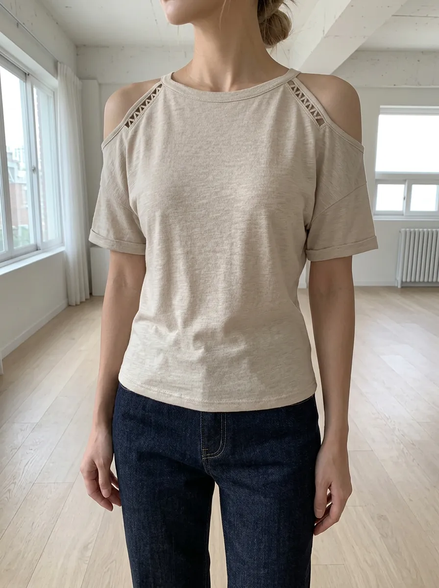 Women's Casual Beige Cutout Shoulder Short Sleeve Top