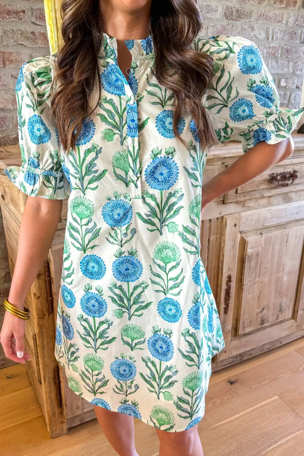 Women's Floral Print Short Sleeve Half Button Frilled Dress
