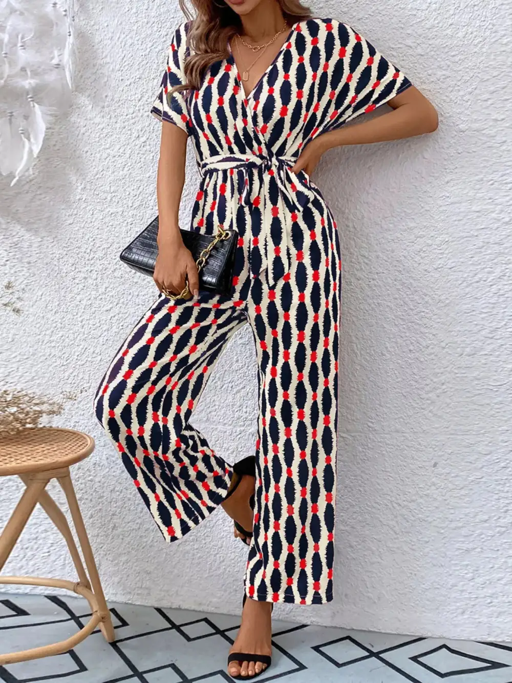 Printed Surplice Tie Waist Short Sleeve Shorts