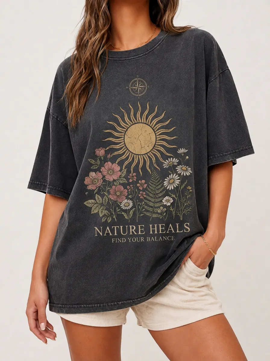 Women's Nature Lover Sun Flower Compass Printed T-shirt