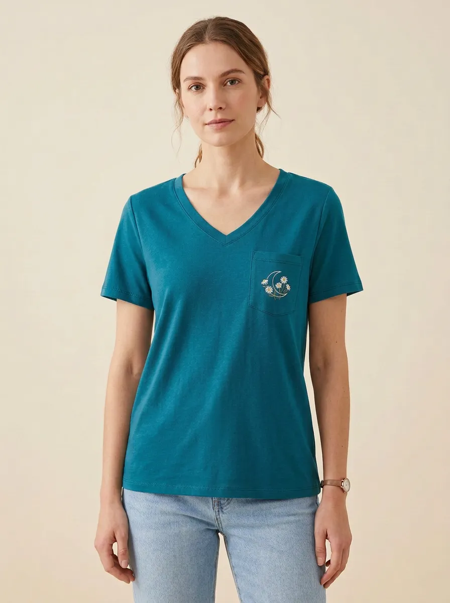 Women's Daisy & Crescent Moon Embroidered Pocket V-Neck T-Shirt