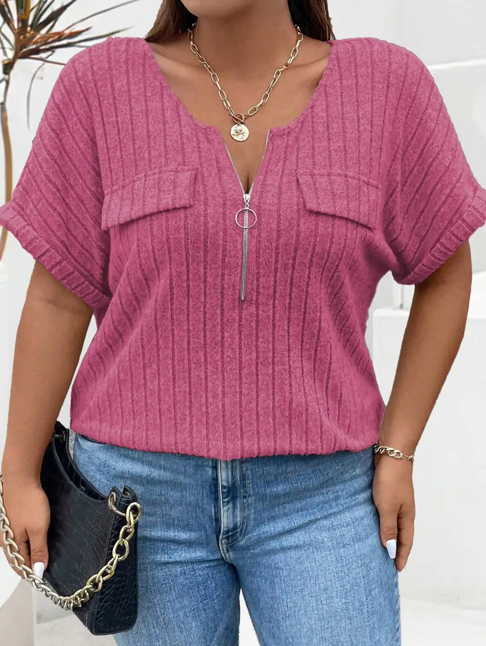 Ribbed V-Neck Knit Top
