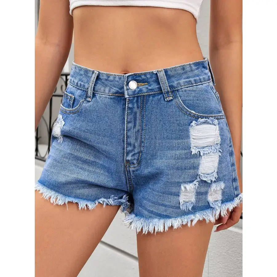 Chic Distressed Raw Hem Denim Shorts