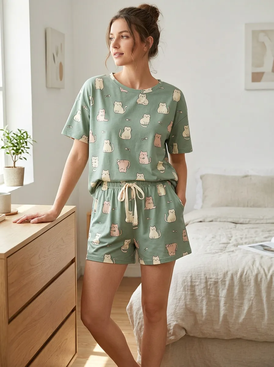 Women's Cat Cute Kitten Crew Neck Pajama Set