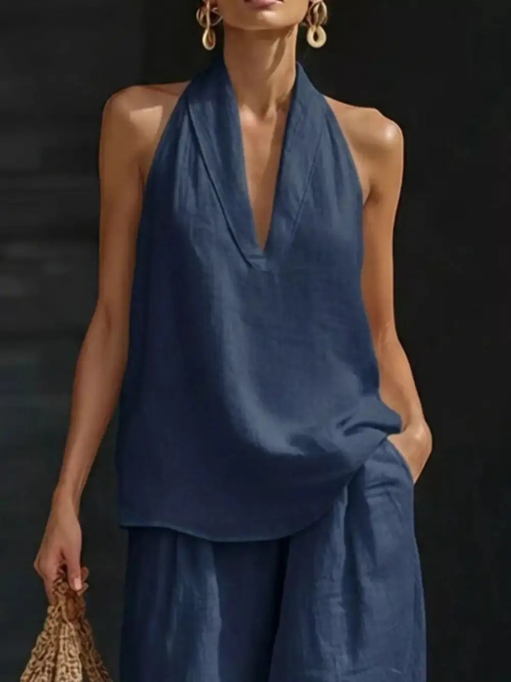 Halter Neck Top and Wide Leg Pants Set