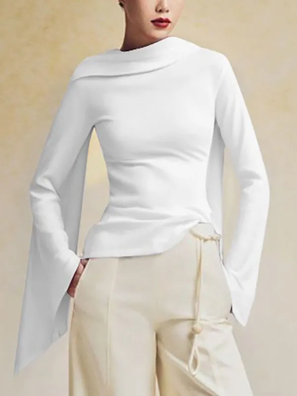 Flared Sleeve Long Sleeve Zip Detail Boat Neck T-Shirt