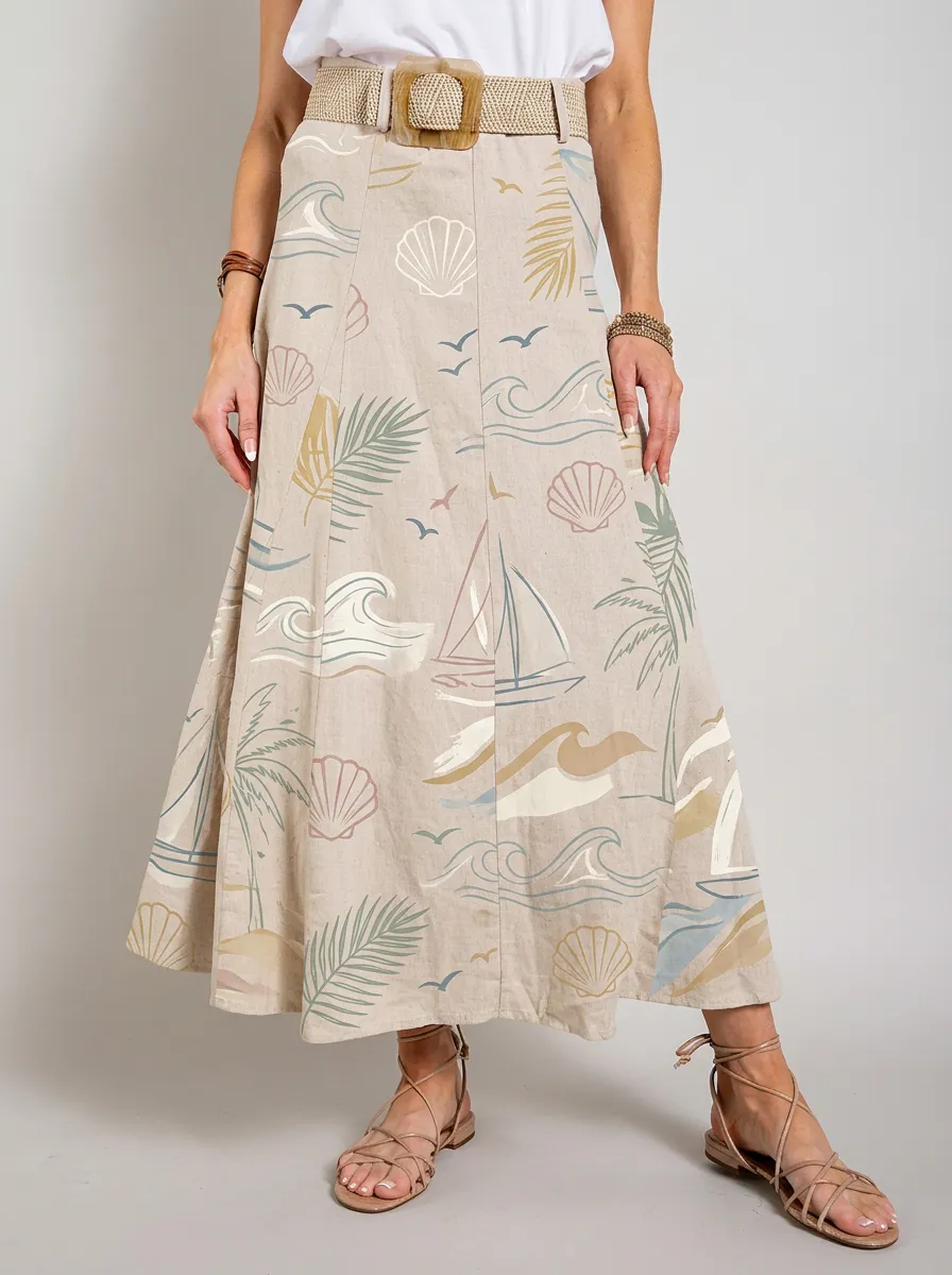 Women's Beach Lover Nautical Seashell Palm Printed Midi Skirt