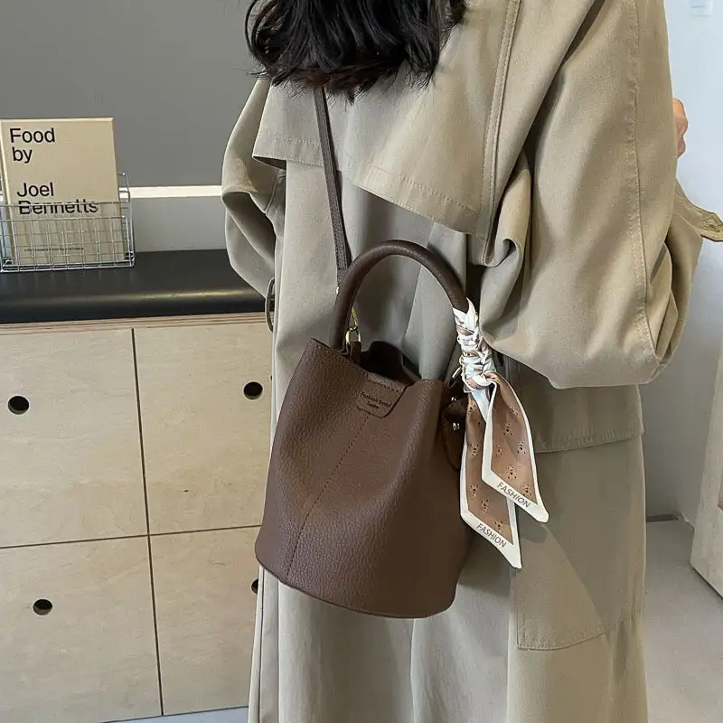 Compact Faux Leather Textured Bucket Bag