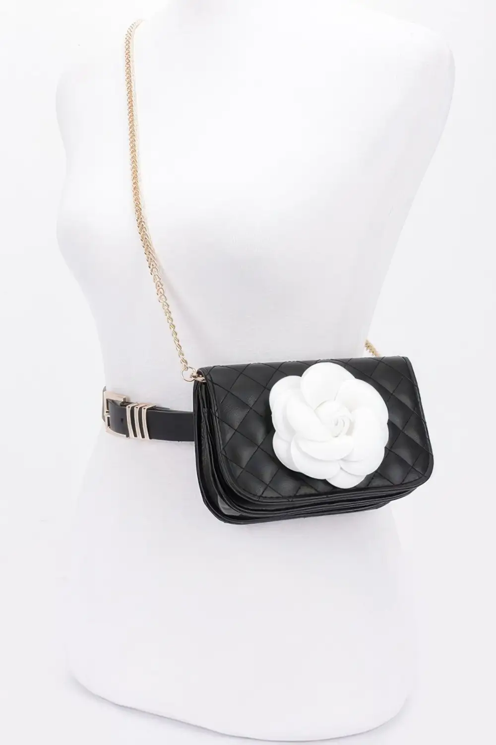 Faux Leather Quilted Flower Belt Bag Shoulder Chain