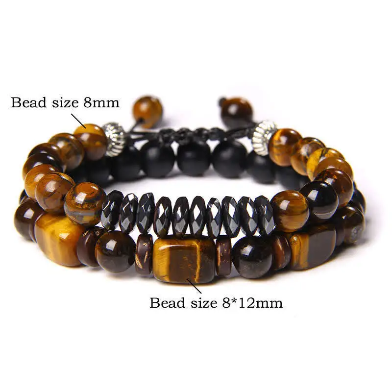 Tiger Eye Hematite Square Double Wrap Beaded Bracelet