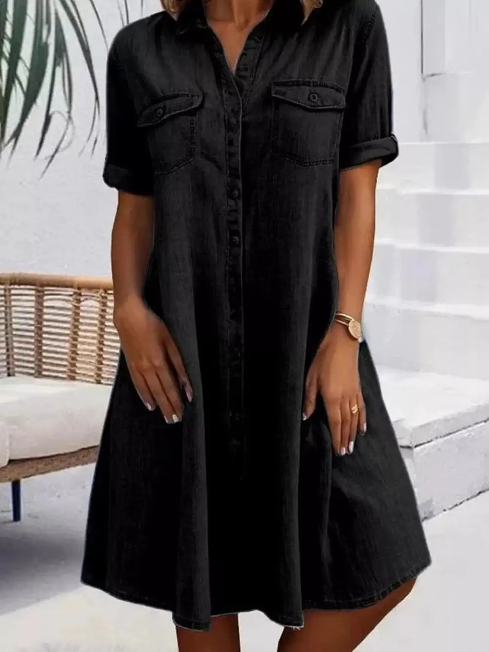 Soft Touch Denim Button Front Short Sleeve Dress