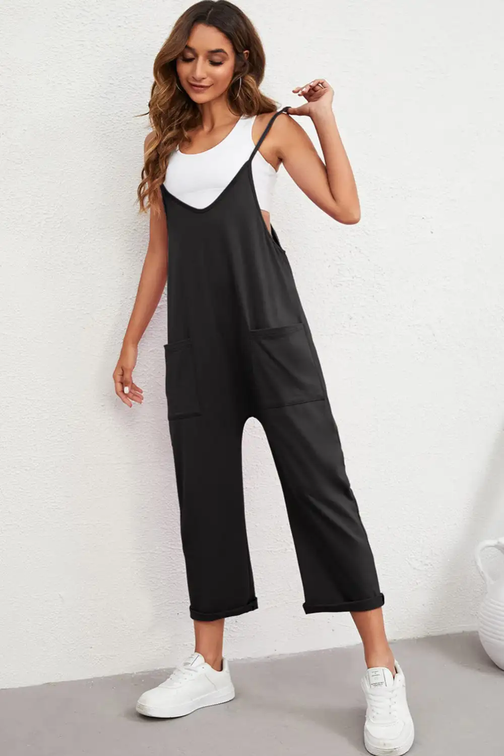 Pocketed Adjustable Spaghetti Strap Straight Leg Accessory