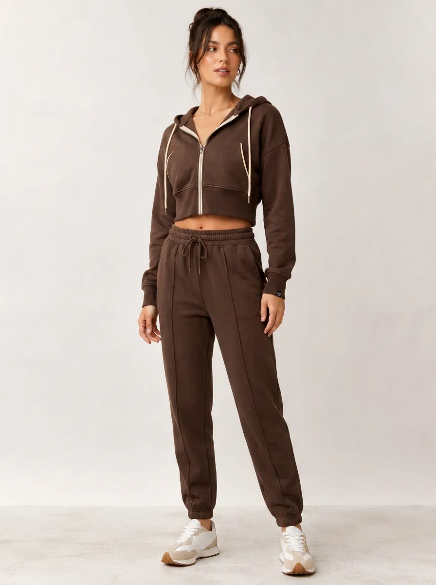 Women's Espresso Cropped Zip-Up Hoodie and Jogger Set