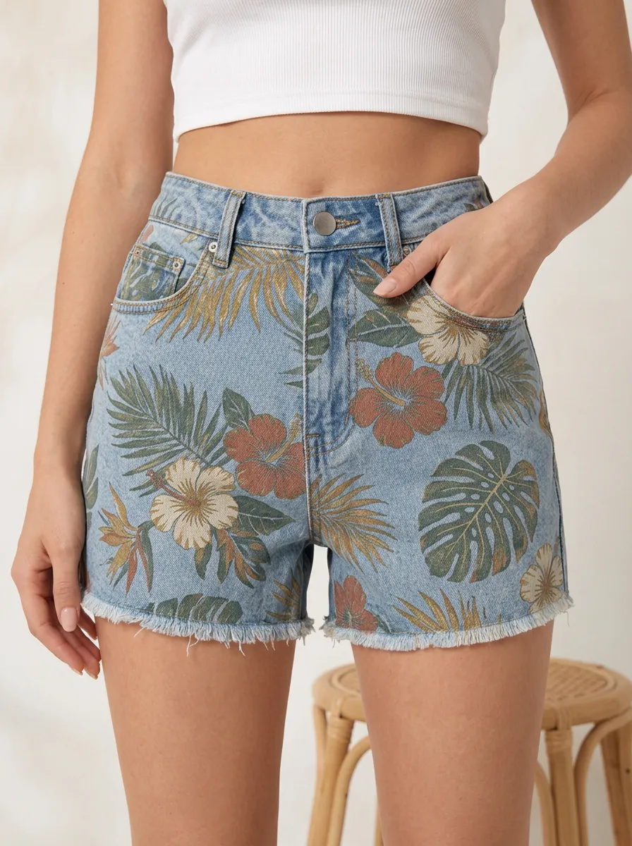 Women's Tropical Hibiscus Palm Leaf Palm Leaf Printed Denim Shorts