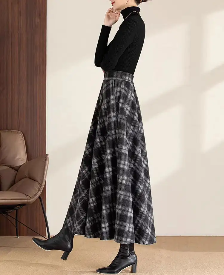 Plaid Wool A Line Maxi Skirt