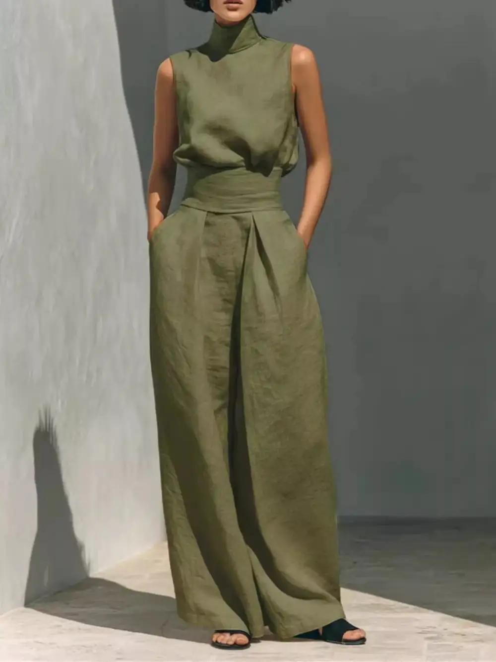 Turtleneck Sleeveless Top and Wide Leg Pants Set
