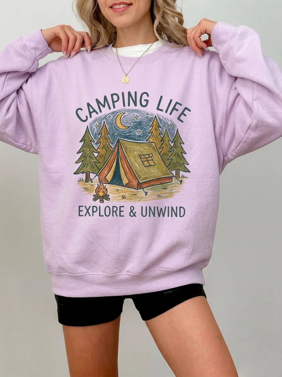 Women's Camping Life Explore Unwind Tent Forest Graphic Sweatshirt