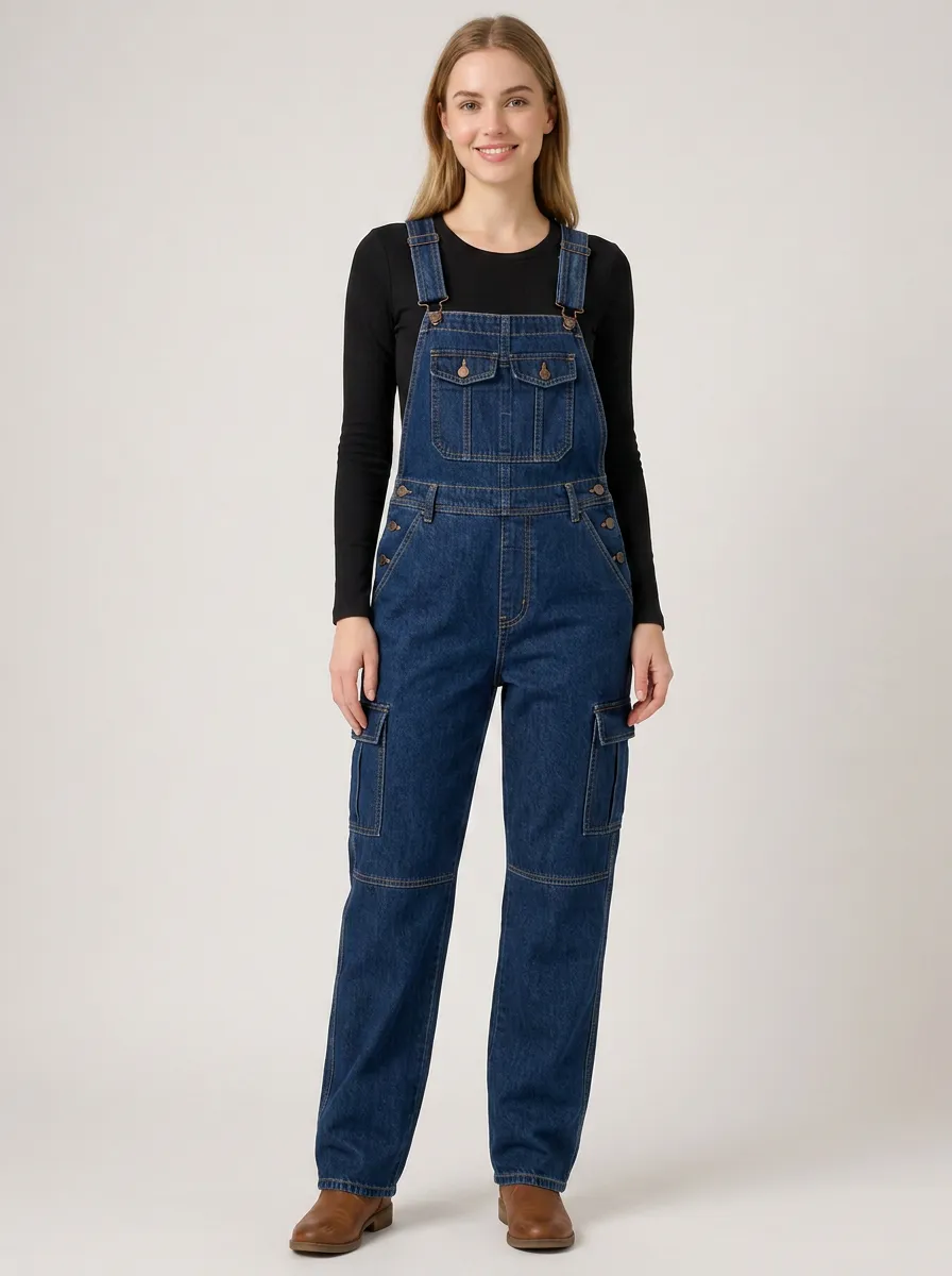Women's Cargo Pocket Denim Dungarees
