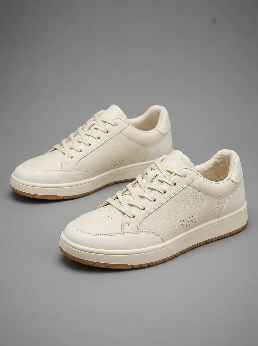 Men's Minimalist Beige Leather Textured Casual Sneakers