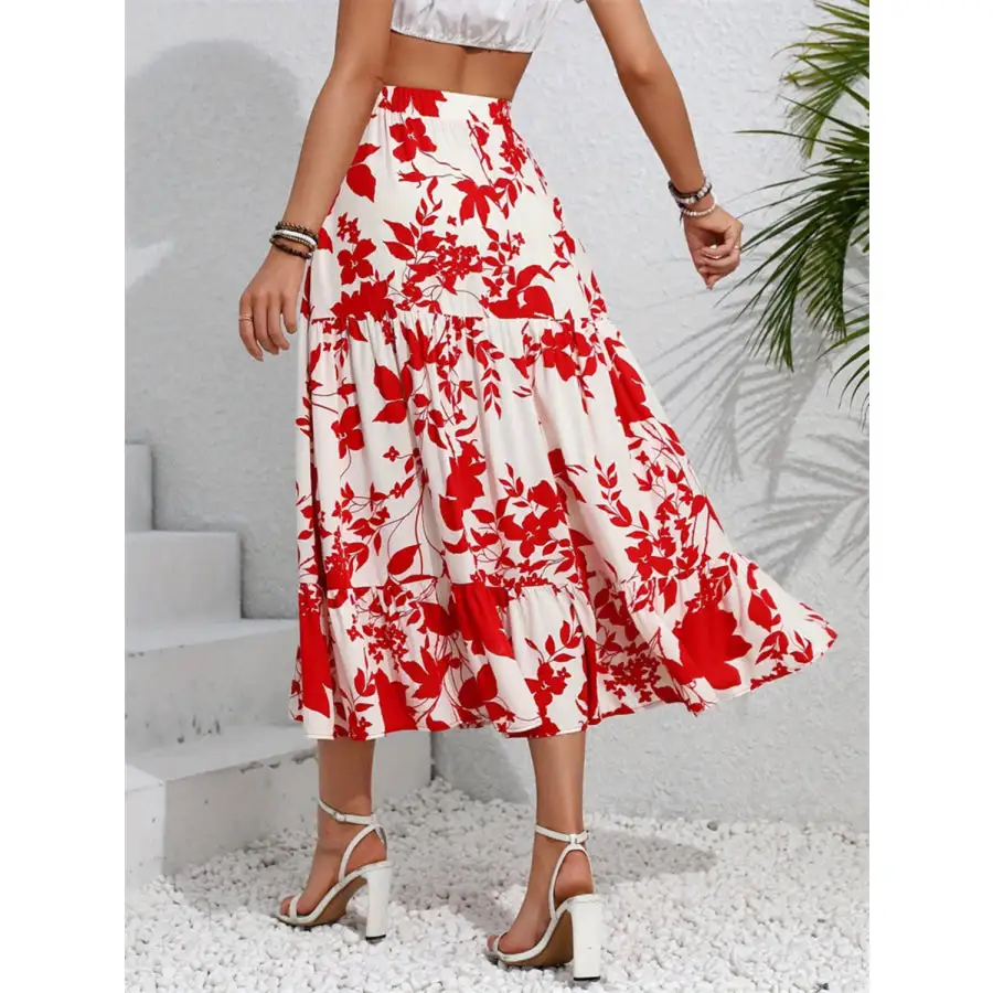Ruffled Hem Printed Midi Skirt