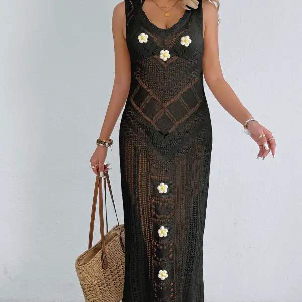 Women's V-Neck Crochet Floral Beach Dress