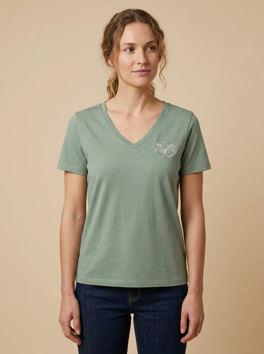 Women's Butterfly-Embroidered V-Neck T-Shirt