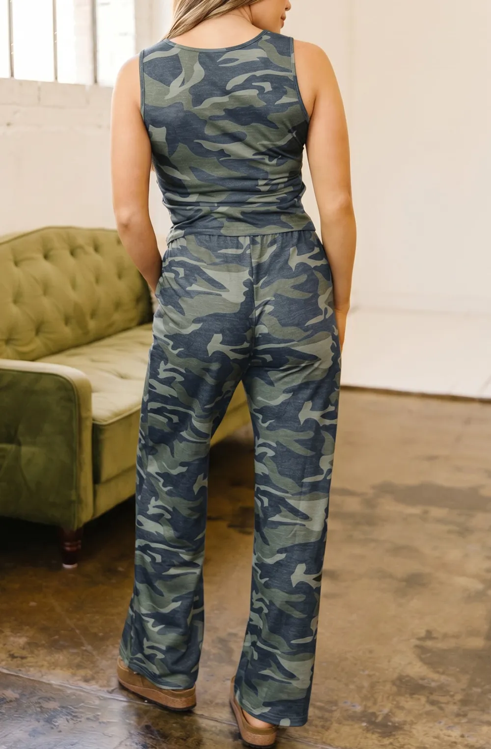 Women's Camouflage Print Slim Tank Drawstring Pant Set