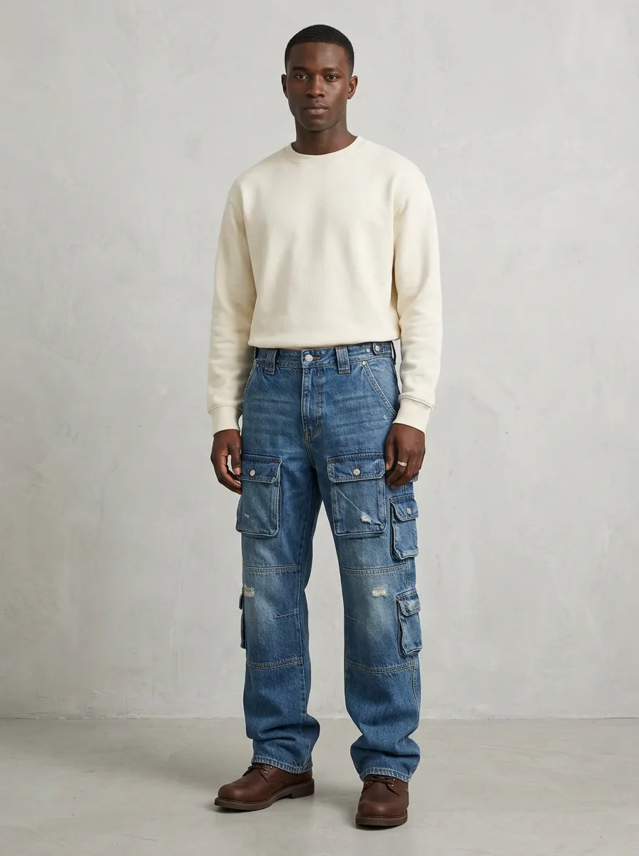 Men's Blue Distressed Mid Blue Cargo Pants