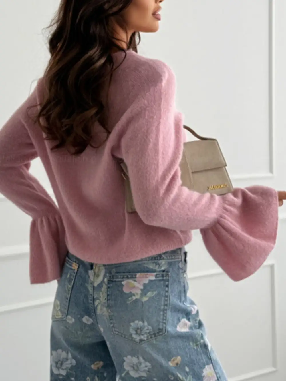 Round Neck Flounce Sleeve Sweater