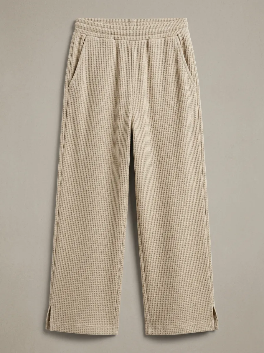 Unisex Casual Lounge Beige Waffle Knit Side Slit Pants