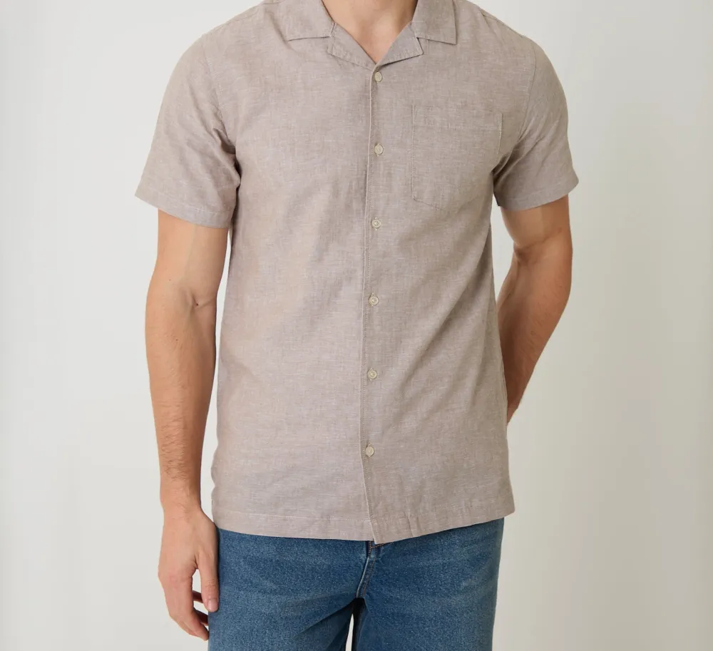 Men's Taupe Linen Cotton Blend Short Sleeve Shirt