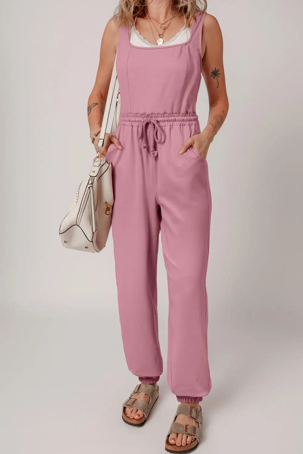Lace Up Elastic Waist Sleeveless Square Jumpsuit