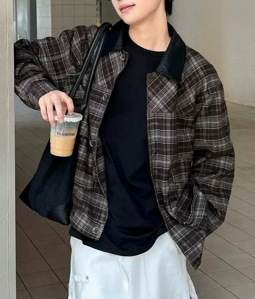Spliced Collar Plaid Overshirt
