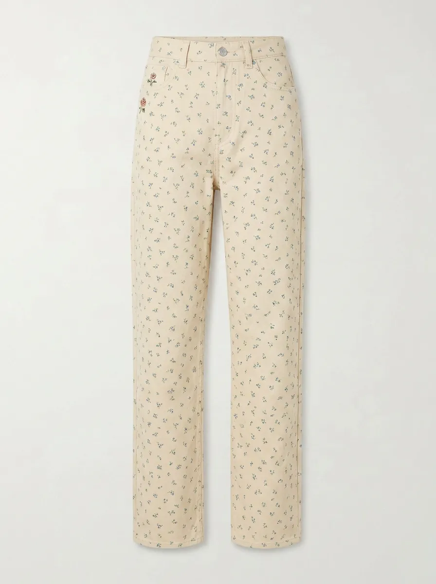 Women's Vintage Floral Rose Embroidered Printed Mid-Rise Straight Leg Pants