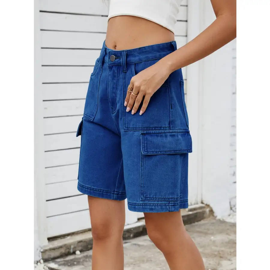 High Waist Pocketed Cargo Denim Shorts