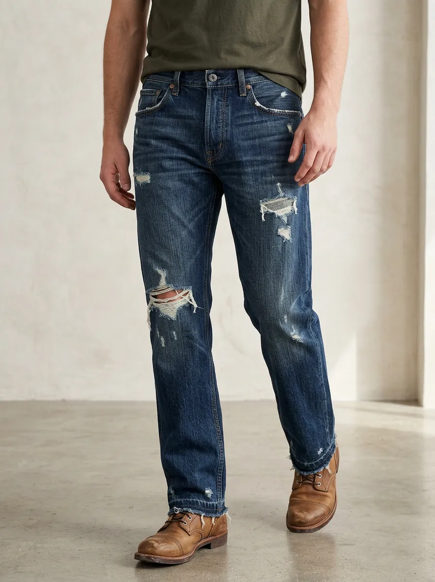 Men's Denim Button Fly Detail Ripped Jeans