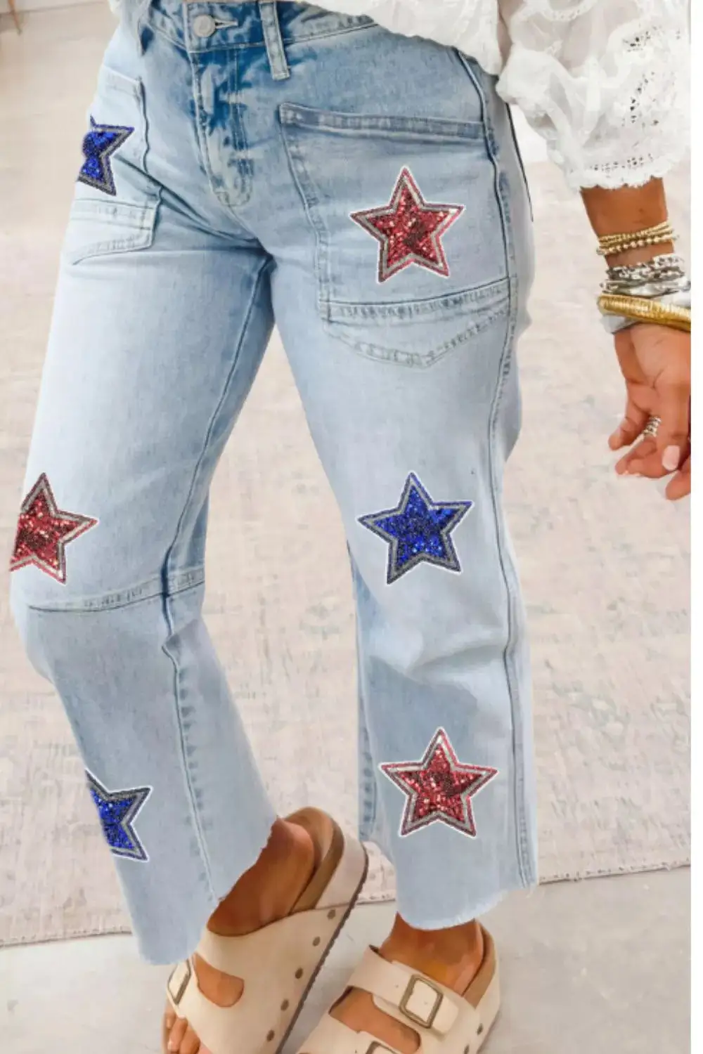 Denim Star Print Cropped Pocketed Jeans