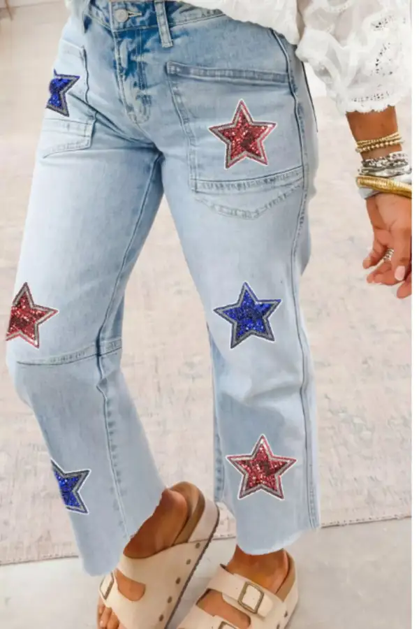 Denim Star Print Cropped Pocketed Jeans
